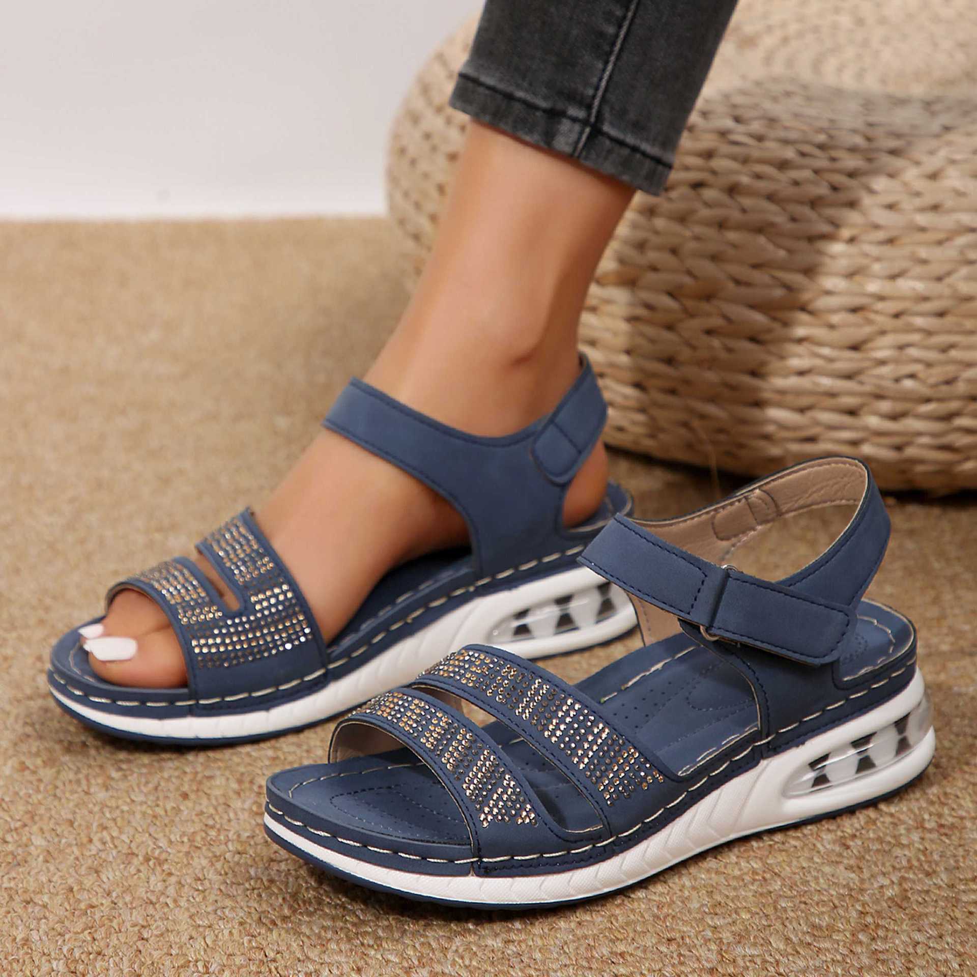 Summer Rhinestone Wedges Sandals Casual Sports Air Cushion Bottom Beach Shoes For Women Roman Sandals